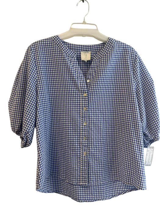 Joie Size Large Blue & White Cotton Blend Checked Round Split Neck Top Blue & White / Large