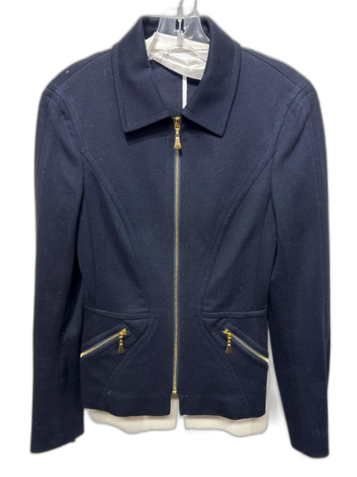 Escada Size 34 Navy Blue Cotton Zip Front Goldtone Hardware Zip Pockets Jacket Navy Blue / 34