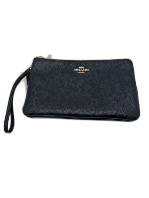 Coach Black Pebble Leather Wristlet Gold Tone Hardware Zip Top Wallet Bag Black / Small