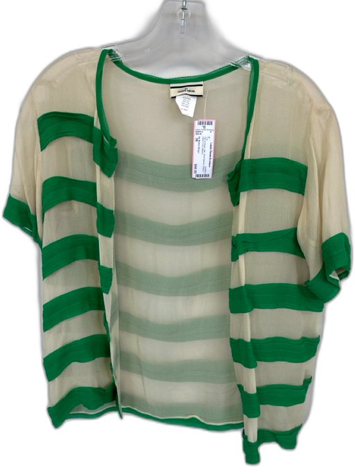 By Malene Birger Size 38 Tan & Green Silk Short Sleeve Striped Open Front Top Tan & Green / 38