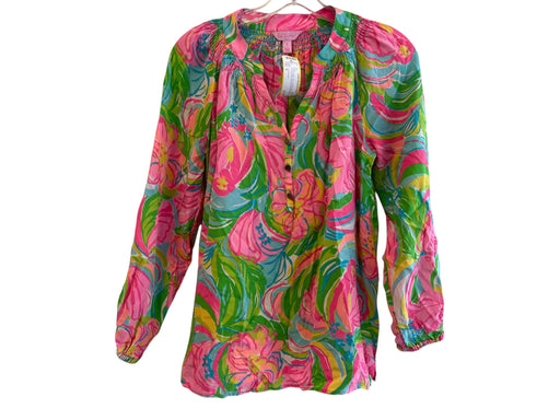 Lilly Pulitzer Size S Pink & Multi Silk V Neck Smocking Long Sleeve Abstract Top Pink & Multi / S