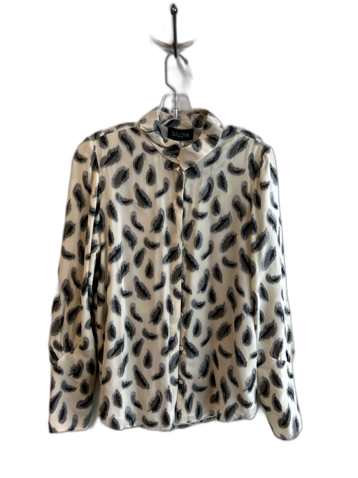 Saloni Size 4 Creme & Silver Silk Blend Collared Button Down Long Sleeve Top Creme & Silver / 4