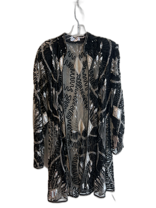 Tan-Chho Size M Black & Silver Rayon Sheer Embellished Open Front Robe Black & Silver / M