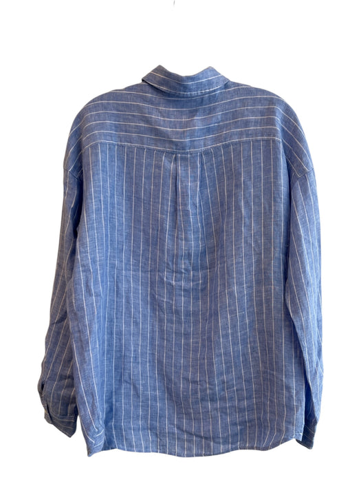 J. McLaughlin Size Medium Blue & White Linen Striped Collared Long Sleeve Top Blue & White / Medium