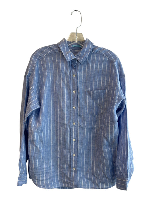 J. McLaughlin Size Medium Blue & White Linen Striped Collared Long Sleeve Top Blue & White / Medium