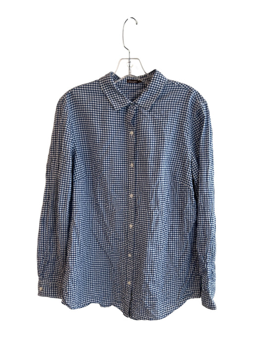 J. McLaughlin Size Large Blue & White Cotton Checked Collared Long Sleeve Top Blue & White / Large