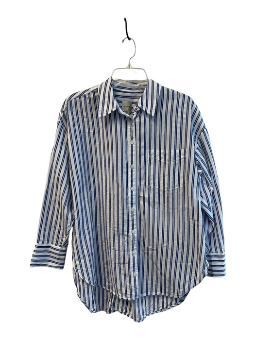 Maeve Size S White & Blue Cotton Collared Button Up Long Sleeve Stripe Top White & Blue / S