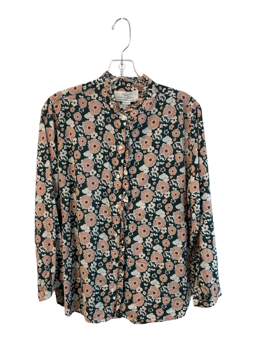 Birds of Paradis Size M Green & Pink Cotton Ruffle Detail Long Sleeve Floral Top Green & Pink / M