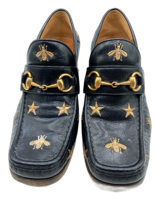 Gucci Shoe Size 38 Black & Gold Leather Stacked Block Heel Embroidered Loafers Black & Gold / 38