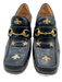 Gucci Shoe Size 38 Black & Gold Leather Stacked Block Heel Embroidered Loafers Black & Gold / 38