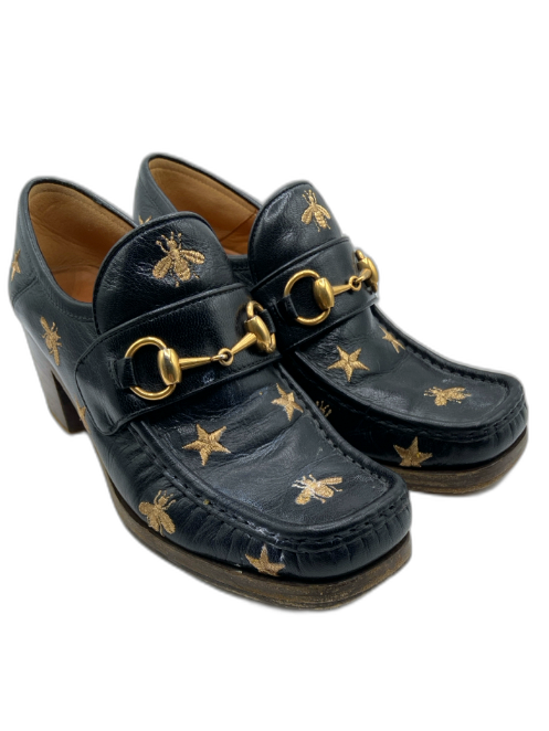 Gucci Shoe Size 38 Black & Gold Leather Stacked Block Heel Embroidered Loafers Black & Gold / 38