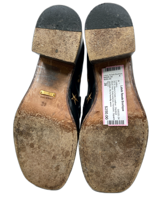 Gucci Shoe Size 38 Black & Gold Leather Stacked Block Heel Embroidered Loafers Black & Gold / 38