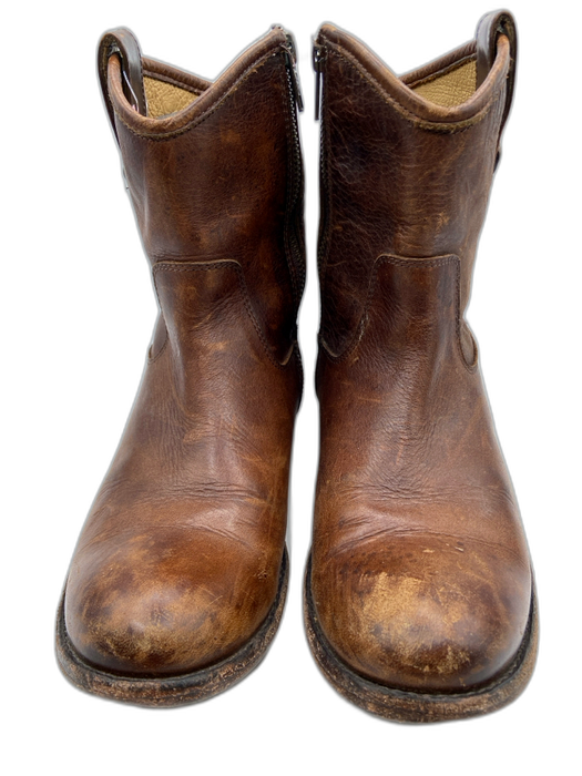 Frye Shoe Size 7.5 Brown Leather Side Zip Stacked Block Heel Ankle Western Boots Brown / 7.5