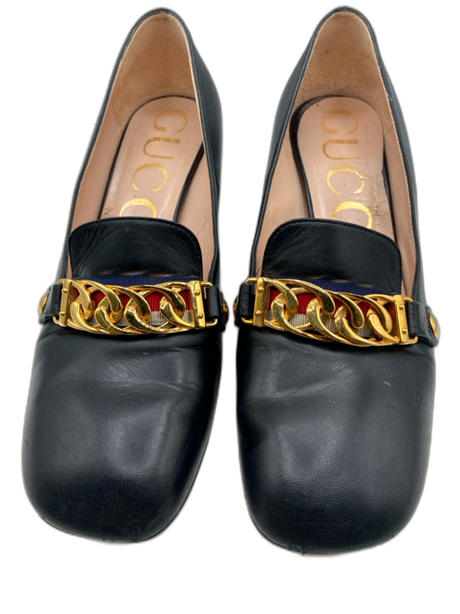 Gucci Shoe Size 37.5 Black Leather Square Toe Goldtone Hardware Loafers Black / 37.5