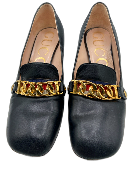 Gucci Shoe Size 37.5 Black Leather Square Toe Goldtone Hardware Loafers Black / 37.5