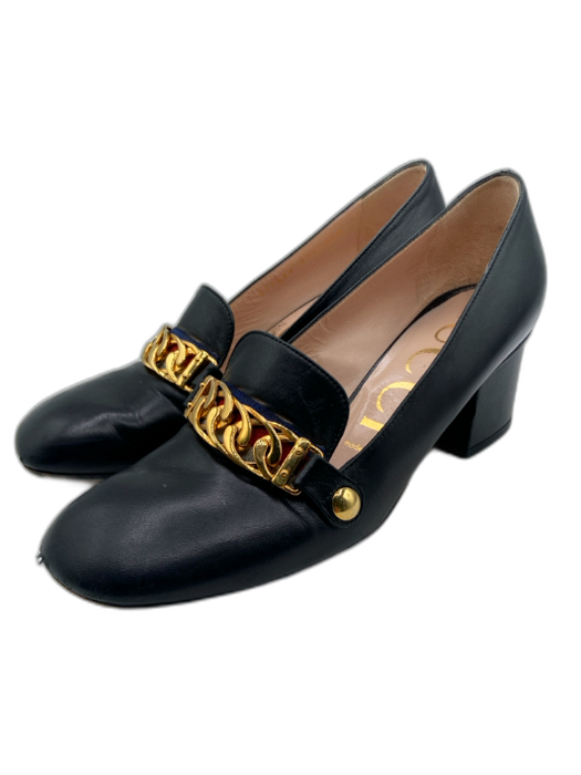 Gucci Shoe Size 37.5 Black Leather Square Toe Goldtone Hardware Loafers Black / 37.5