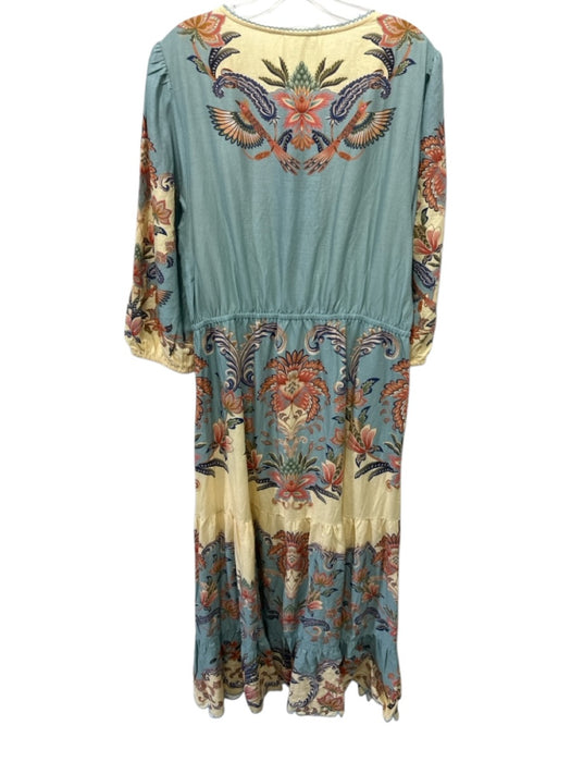 Farm Rio Size XL Blue & Multi Linen & Viscose 3/4 Sleeve Split Neck Floral Dress Blue & Multi / XL