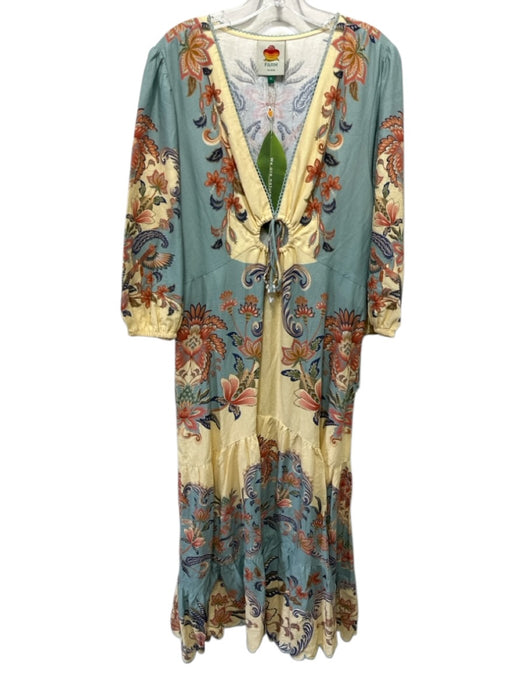 Farm Rio Size XL Blue & Multi Linen & Viscose 3/4 Sleeve Split Neck Floral Dress Blue & Multi / XL