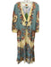 Farm Rio Size XL Blue & Multi Linen & Viscose 3/4 Sleeve Split Neck Floral Dress Blue & Multi / XL
