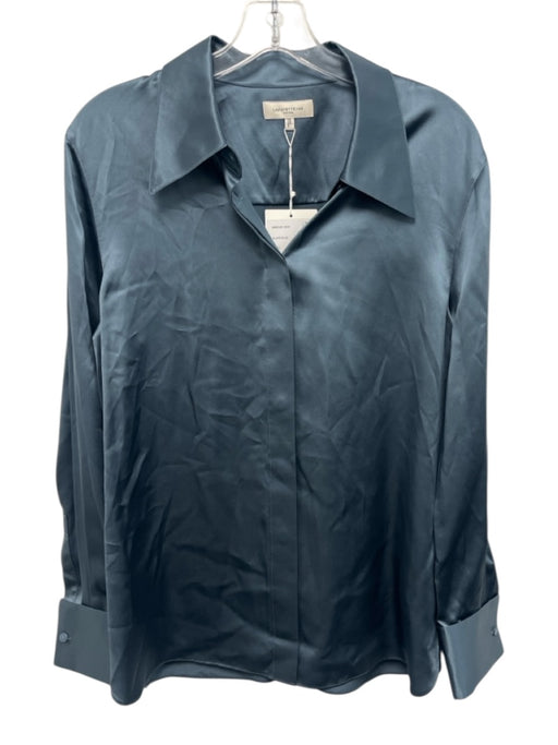 Lafayette 148 Size L Slate Blue Silk Long Sleeve Buttons Collar Blouse Top Slate Blue / L