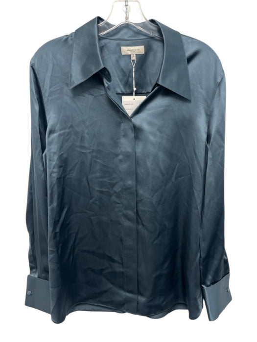 Lafayette 148 Size L Slate Blue Silk Long Sleeve Buttons Collar Blouse Top Slate Blue / L