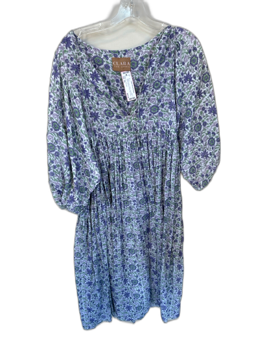 Clara The Label Size XS Purple & Green Cotton Long Balloon Sleeve V Neck Dress Purple & Green / XS