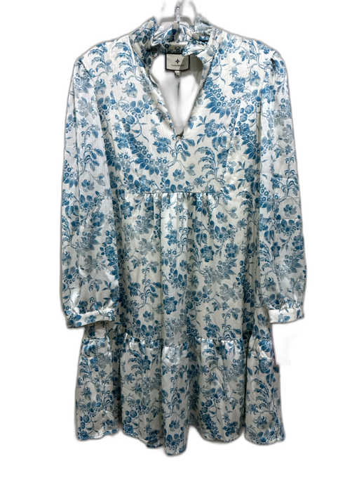 Tuckernuck Size S White & Blue Polyester Floral V Neck Long Balloon Sleeve Dress White & Blue / S