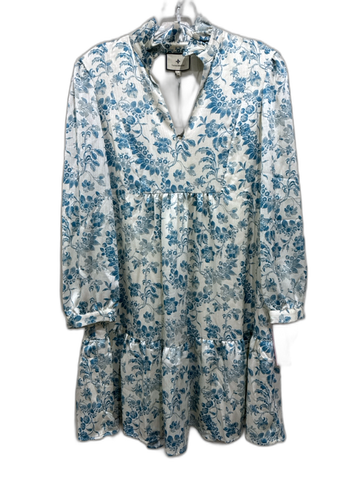 Tuckernuck Size S White & Blue Polyester Floral V Neck Long Balloon Sleeve Dress White & Blue / S