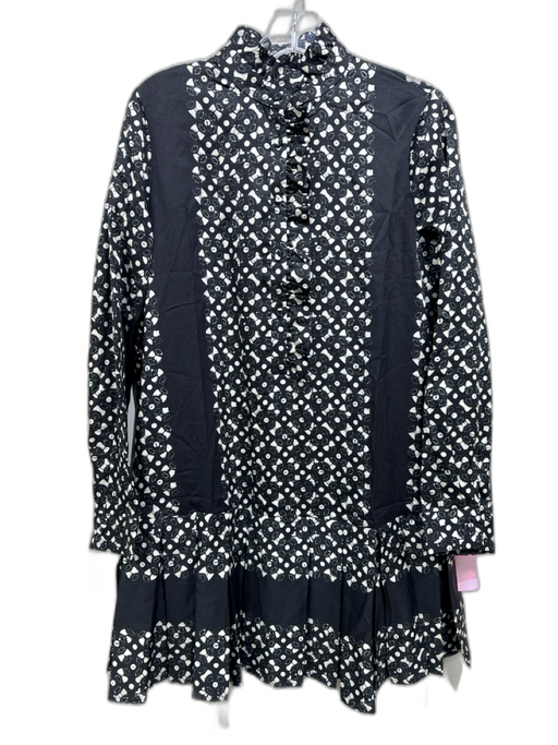 Tuckernuck Size S Black & Cream Tencel Geometric Ruffle Collar Long Sleeve Dress Black & Cream / S
