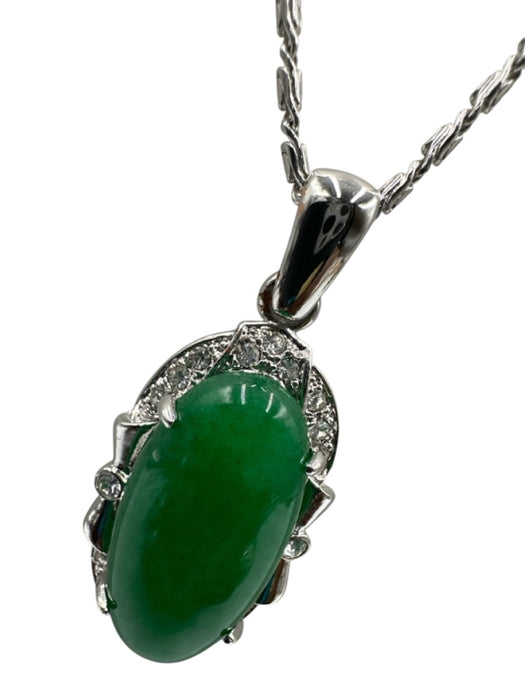 No Brand Silver Tone Small Stone Jade Pendant Bow Detail Crystal Jewelry Silver Tone
