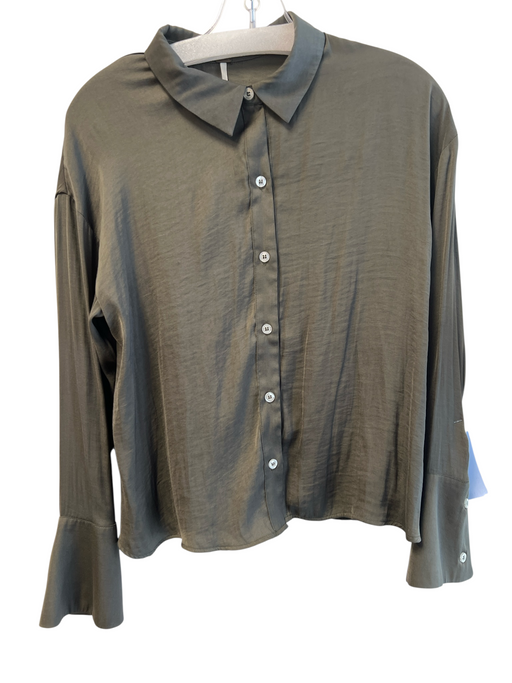 Free People Size XS Green Polyester Satin Solid Button Down Blouse Top Green / XS