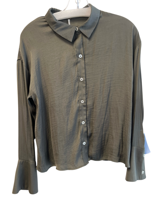 Free People Size XS Green Polyester Satin Solid Button Down Blouse Top Green / XS