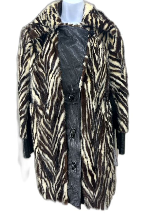 Psaty Furs Brown & Cream Mink Zebra Leather 3 Button Coat Fur Brown & Cream / Est. Medium