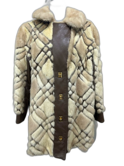 Helena Beige & Brown Mink Leather Accent Diamond Vintage Coat Fur Beige & Brown / Est Size S/M