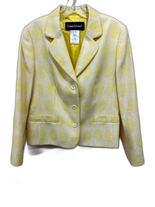 Louis Feraud Size 12 Yellow & Cream Wool Stitch Detail Circles Button Up Jacket Yellow & Cream / 12