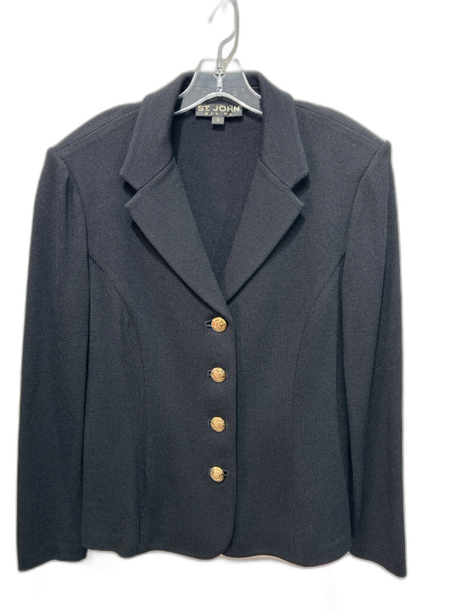 St. John Basics Size 12 Black & Gold Wool Blend Rib Knit Gold Buttons Jacket Black & Gold / 12