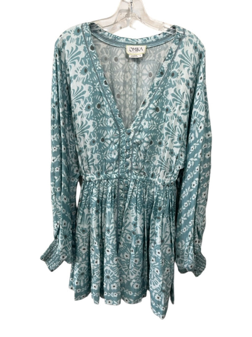 Omika Size S Blue & Gray Viscose Abstract Button Detail Balloon Sleeve Dress Blue & Gray / S