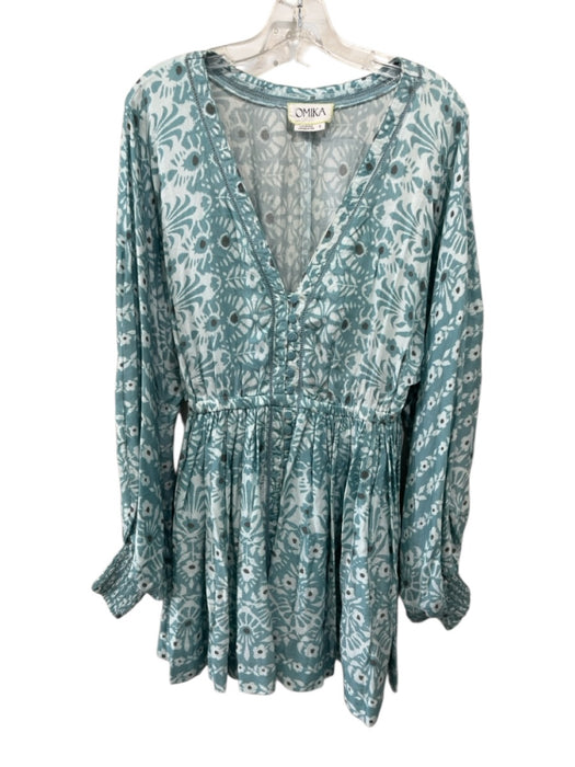 Omika Size S Blue & Gray Viscose Abstract Button Detail Balloon Sleeve Dress Blue & Gray / S
