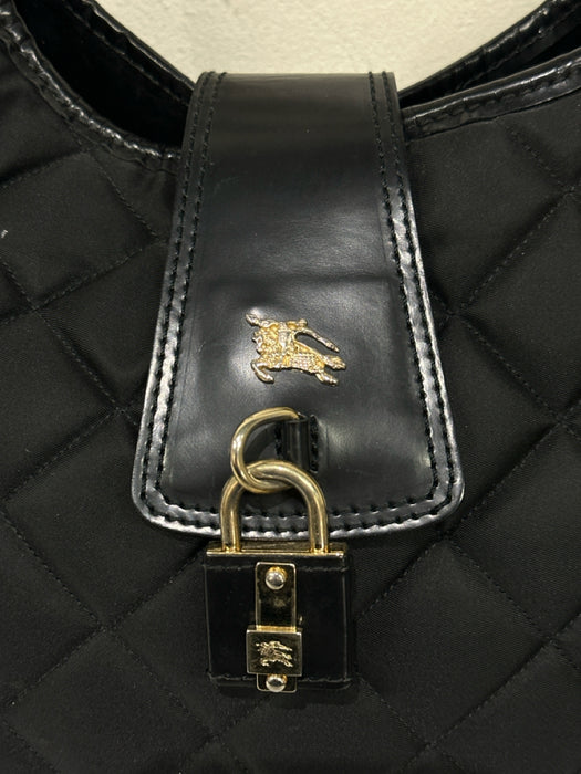 Burberry Black Canvas Quilted Leather Trim Gold Hardware Hobo Bag
