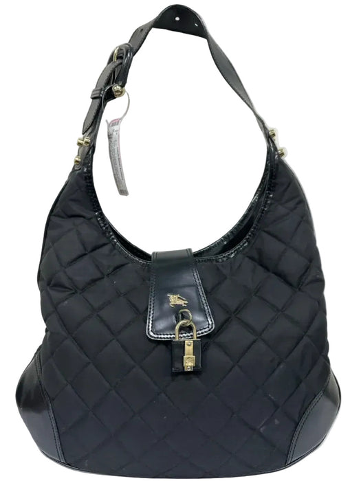 Burberry Black Canvas Quilted Leather Trim Gold Hardware Hobo Bag