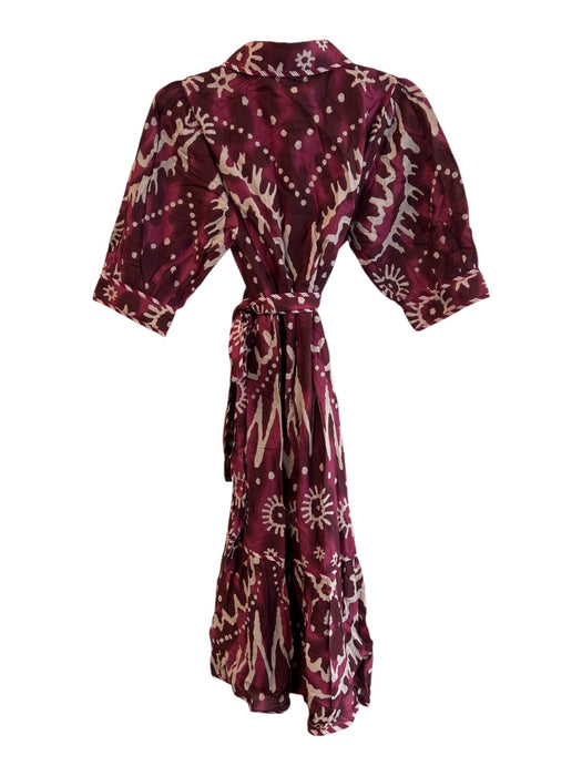 THML Size S Maroon Cotton Collared Button Up 1/2 Sleeve Abstract Belted Dress Maroon / S
