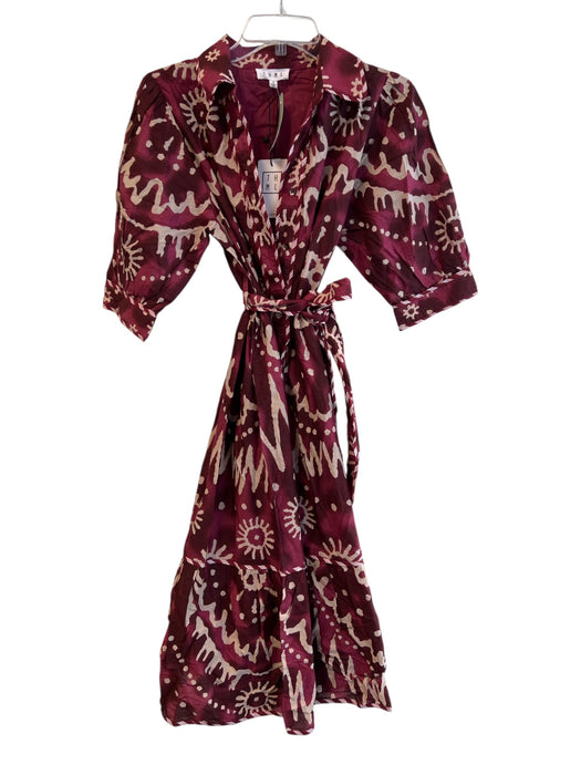 THML Size S Maroon Cotton Collared Button Up 1/2 Sleeve Abstract Belted Dress Maroon / S