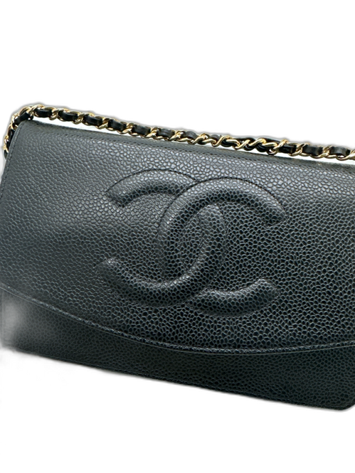 Chanel Black & Gold Caviar Leather Interlocking C's Gold Chain Wallet Bag Black & Gold / Mini