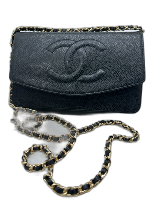 Chanel Black & Gold Caviar Leather Interlocking C's Gold Chain Wallet Bag Black & Gold / Mini