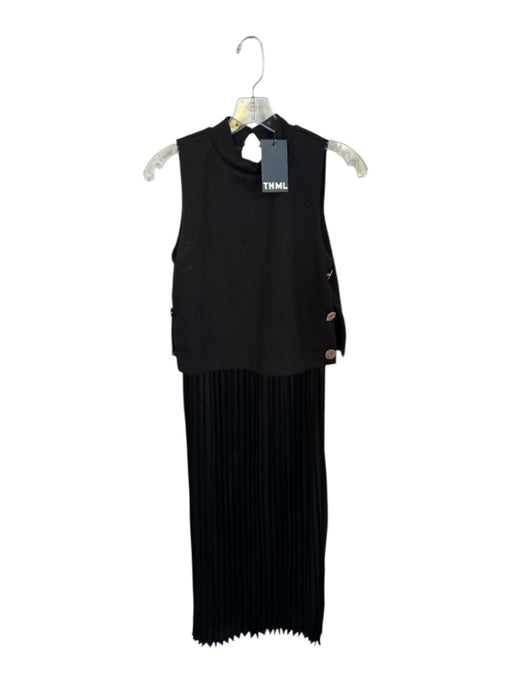 THML Size XS Black Polyester Blend Sleeveless Pleated Side Buttons Dress Black / XS