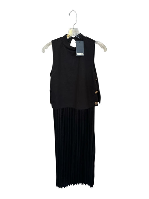 THML Size XS Black Polyester Blend Sleeveless Pleated Side Buttons Dress Black / XS