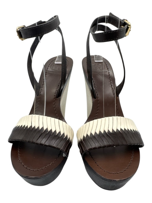 Tory Burch Shoe Size 6.5 Brown & White Leather Ankle Buckle Wood Sole Sandals Brown & White / 6.5
