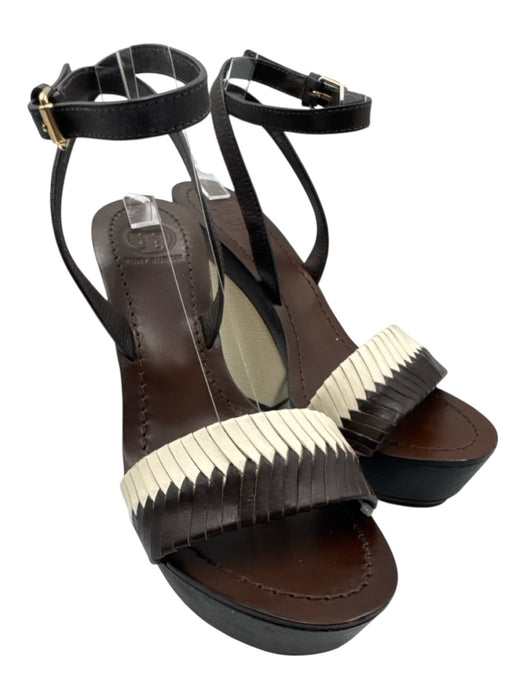 Tory Burch Shoe Size 6.5 Brown & White Leather Ankle Buckle Wood Sole Sandals Brown & White / 6.5