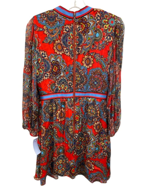 Alice + Olivia Size 4 Red, Blue & Multi Viscose Long Balloon Sleeve V Neck Dress Red, Blue & Multi / 4