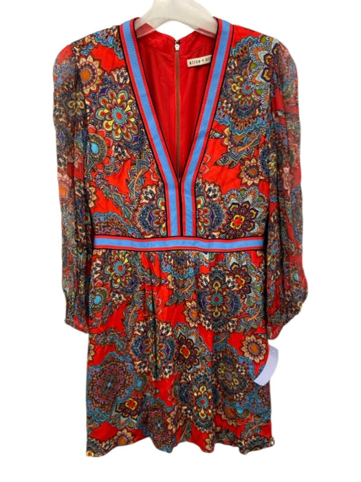 Alice + Olivia Size 4 Red, Blue & Multi Viscose Long Balloon Sleeve V Neck Dress Red, Blue & Multi / 4
